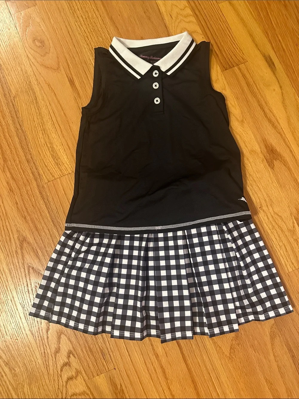 Girls Tommy Bahama Black and White Sleeveless Polo Dress with Gingham Skirt